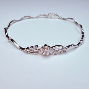 14K Solid White Gold Art Deco Revival Cubic Zirconia CZ Flower VTG Bracelet DRI